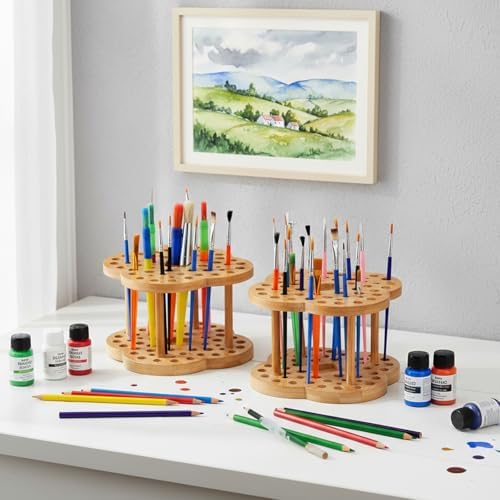 Foraineam 2 Pack Rotating Paint Brush Organizer Holder - 53 Holes Bamboo Display Drying Stand - Artist Watercolor Brush Stand Rack Art Supply Storage Organizer