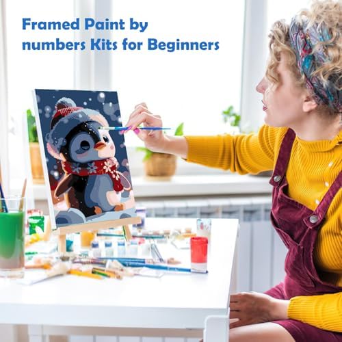 MOGTAA Christmas Paint by Numbers Kit for Adults Beginners with Frame, Penguin Adult Paint by Number Kits on Canvas with Easel, Easy DIY Winter Oil Painting Kits for Home Decor, 8x12in