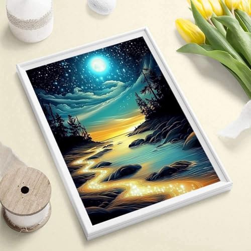 DIYDECORFUN Moon Beach Diamond Art Kit for Adults,5D Full Drill Round Diamond Dot Painting for Beginners,DIY Paint with Diamond Beach Gem Art Painting Adult Crafts for Wall Decor 12x16Inch