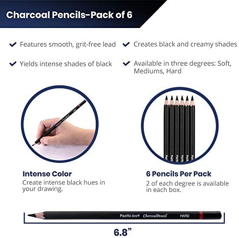 Pacific Arc Premium Charcoal Drawing Pencils for Artists - 6 pieces Soft Medium and Hard - Charcoal Pencils for Drawing, Sketching and Shading - Great Non Toxic Art Supplies Set