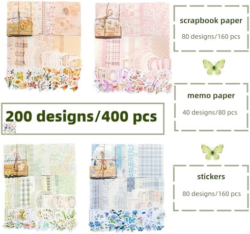 400Pcs Vintage Scrapbook Paper & Journaling Stickers Set, Mix Sizes Antiqu Printed Craft Paper, 4 Retro Design Junk Journal Supplies for DIY Card Making, Journaling, Photo Album & Decoration