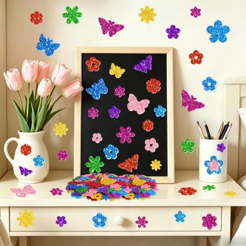 512 PCS Glitter Foam Stickers,Foam Flower&Butterfly Shapes Stickers,8Colors