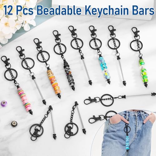 ROADPLUM 12 Pcs Beadable Keychain Bar, Black Beaded Key chain for Pendant DIY, Alloy Blank Accessories Bulk for Keychain Making Supplies Jewelry Making Gift