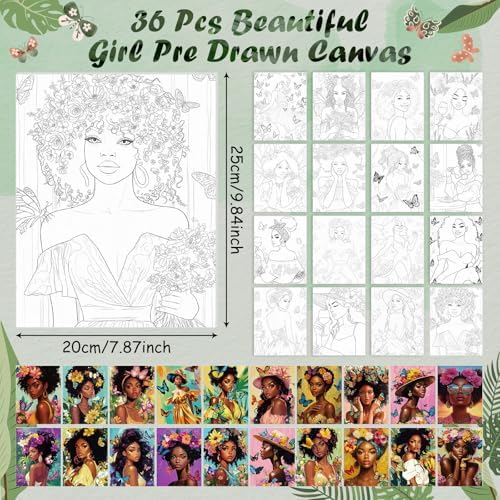 Harloon 36 Pcs 8 x 10 Inch Pre Drawn Canvas for Painting Afro Flower Butterfly Queen Pre Stretched Canvas Painting for Adults Outline for Sip and Paint Party Supplies Favor (Butterfly Queen)