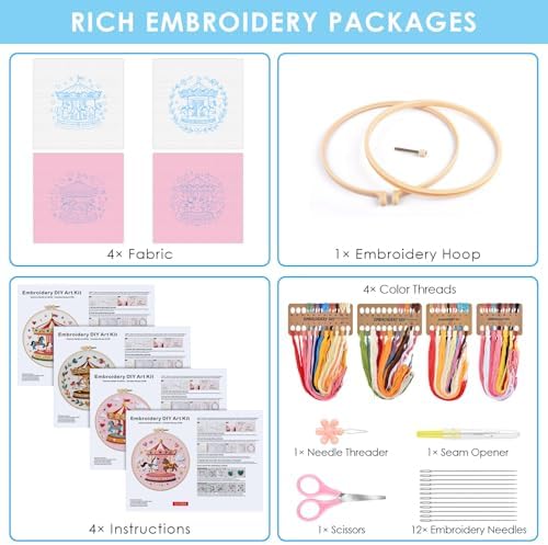 ERKOON 4 Set Embroidery Kit for Beginners, Cross Stitch Set Include Embroidery Cloth Hoops Threads for Craft Lover Hand Stitch with Embroidery Skill Techniques (Carousel)