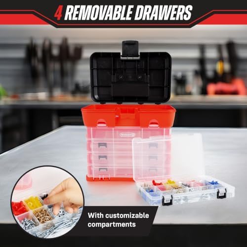 Small Parts Organizer Box - 11-Inch Portable Storage Case with 4 Removable Multi-Compartment Trays for Screws, Beads, Small Fishing Tackle, Hardware, and Craft Supplies by Stalwart (Red)