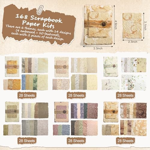 168 Pcs Textured Scrapbook Paper Supplies Vintage Embossed Rice Paper | Decoupage Craft Paper forJunk Journal Scrap Book Supplies, Cards Making, Decorative Collage Art