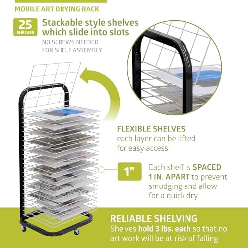 Pearington 25-Shelf Mobile/Wall Mountable Art Drying Rack for Art Studios & Classrooms, 13" D x 17.5" W x 39.4" H, Black/White