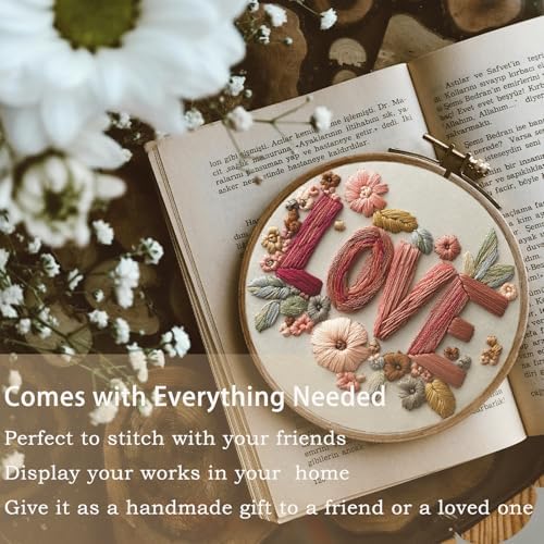 FONNUY I Love You Embroidery Kit for Beginners, Pre-Stamped Pattern Kits, Romantic Anniversary for Women Men, Valentine's Day Gifts Thread Needlework, 8'' Hoop (Love 01)