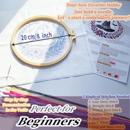 FONNUY Halloween Embroidery Kits for Beginners,Skull Pumpkin Spider Web Floral Stamped Cross Stitch Kit for Adults, Spooky Season Boho Wall Decor, 8'' Hoop (Witch Hat)
