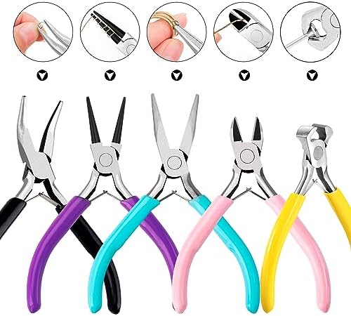 URSKYTOUS 5Pcs Jewelry Pliers Set Jewelry Making Pliers Tools Kit Include Jewelry Making Needle Nose Chain Nose Round Bent Pliers Wire Cutter for Bracelet Beading DIY Craft Jewelry Making Supplies