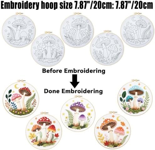 ORIGACH 5 Pack Mushroom & Plants Embroidery Kits for Beginners DIY Starter Hand Embroidery Kit with Floral and Plants Patterns and Instructions for Adults Women Crafting