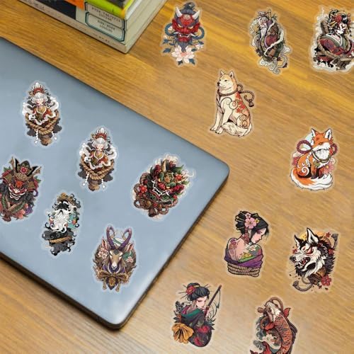 50 PCS Japanese History Art Stickers – Ukiyo-e Vintage Clear Scrapbook Decals with Cats, Samurai, Koi Fish, Dragons, Geishas – Japan Culture Stickers for Journals, Laptops, Art Crafts