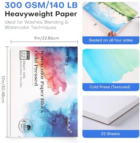 Fuumuui Watercolor Paper Block 9x12 Inch, 100% Cotton Paper Pad, 22 Sheets, Cold Pressed | 140 lb/300gsm Acid-Free for Painting, Drawing, Art Journaling, Professional Artist Quality
