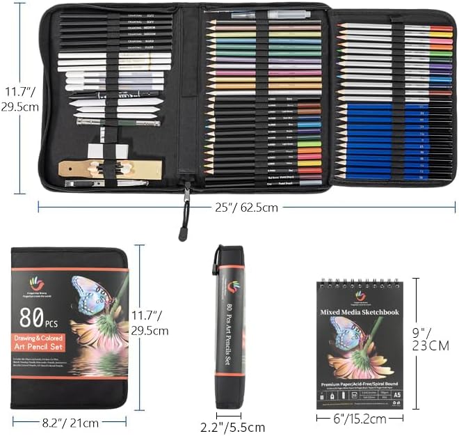 H & B 80PCS Drawing Set Sketching Kit, Art Supplies with Sketchbook & Case | Complete Pro Art Kit with Sketch & Colored Pencils - Portable Zippered Case - Ideal for Adult Artists & Beginners