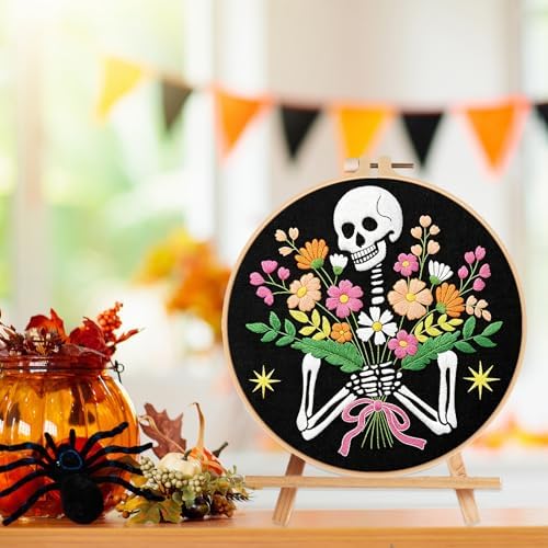 Louise Maelys Halloween Skeleton Flower Embroidery Kit for Beginners Adults