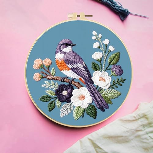 FREEBLOSS 4 Sets Embroidery Kit for Beginners Needlepoint Birds&Wreath Stamped Embroidery Starter Kit with Instructions, Needles, Threads, 2 Hoops 11.6"/29.5CM