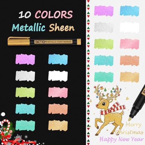 Betem Metallic Paint Markers, 10 Colors Acrylic Metallic Markers for Black Paper, 2mm Medium Tip Glitter Pens Scrapbooking Supplies, Teacher Appreciation Gift, Rock, Photo Albums, Card Making Kit