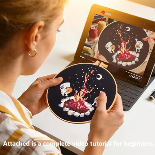 Crafmanoe Embroidery Kits for Beginners Adults, Cute Hand Embroidery Starter Kits, Counted Cross Stitch Kits for Beginners DIY Craft Kits for Adults Women, Embroidery Hoops, Thread and Video Tutorial