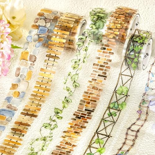 Landscape PET Tape Aesthetic Washi Tape Set Scrapbook Supplies Garden Path Fence Decorative Tape Green Plants Brick Wall Washi Tape Stickers Decorative Collage PET Stickers For Journaling Supplies