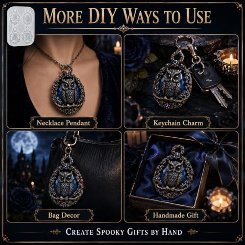 4-Cavity Floral Wreath Owl Pendant Resin Silicone Mold with Hanging Hole, Vintage Cameo Owl Epoxy Resin Casting Mould, DIY Necklace Charm Mold for Halloween Christmas Handmade Jewelry Craft (MT02)