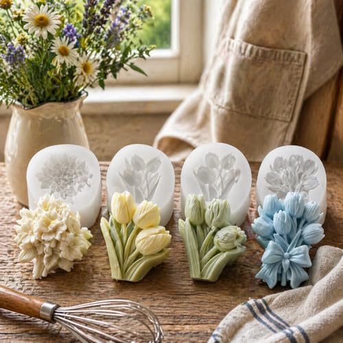 4PCS 3D Flower Bouquet Silicone Molds for Soap,Candle & Resin Crafts