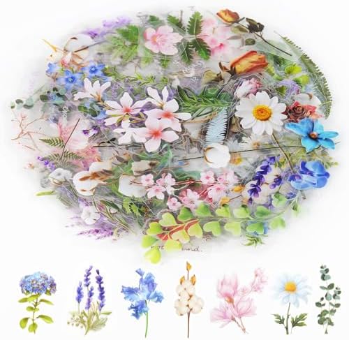 160Pcs Natural Flower Stickers for Scrapbooking,Self-Adhesive Transparent Flower Stickers Scrapbook Supplies Journaling Supplies for Adult Card Making Letters DIY Water Bottle Cards Decoration