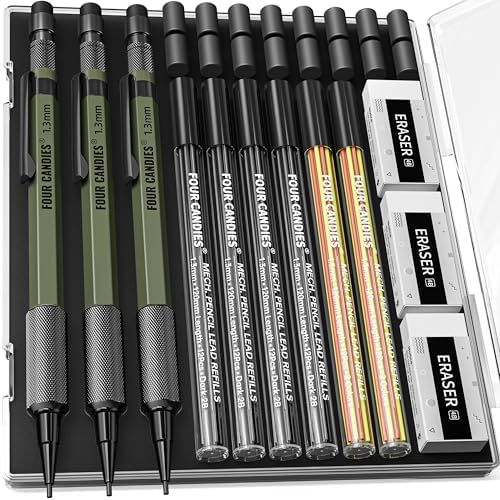Four Candies 1.3mm Metal Mechanical Pencil Set with 72 Lead Refills, 3-Pack