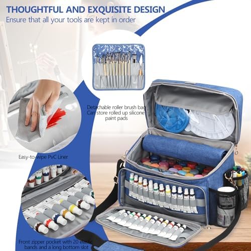 Art Supplies Organizer Storage Bag with Detachable Paint Brush Holder & Partition - Carrying Case for Home/Travel/Outdoor Fits Marks, Acrylic Paint, Palettes, Folding Buckets, Portfolios (Pro Blue)