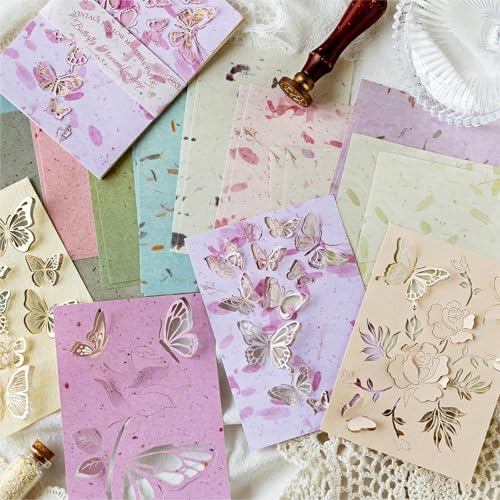144PCS Vintage Scrapbook Paper Textured Journaling Scrapbooking Supplies Kit Hollow Out Decorative Craft Paper Assorted for Bullet Junk Journals Card Making Craft DIY, Paper Butterflies