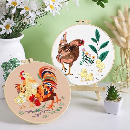 ERKOON 3 Sets Embroidery Kit, Floral Cross Stitch Set for Include Embroidery Cloth Hoops Threads for Craft Lover Hand Stitch (Rooster)