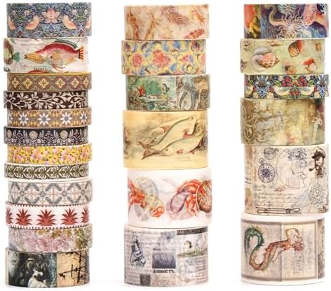 Vintage Washi Tape Set - 24 Rolls Arts Adhesive Tapes Assorted Retro Decorative Masking Tape Sets for Craft, Kids, Scrapbook, DIY, Gift Wrapping (3-Ocean Odyssey)