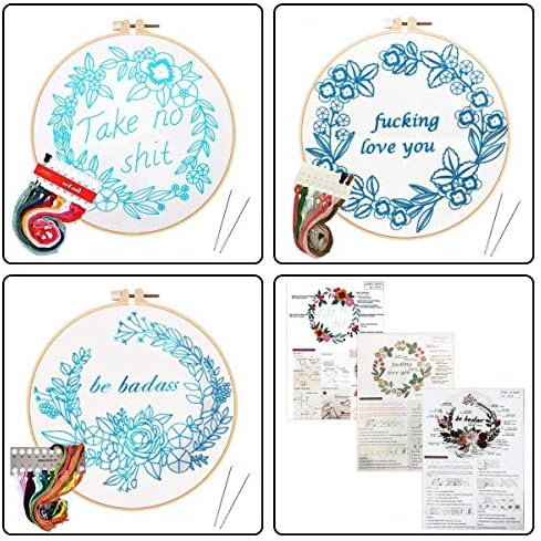Louise Maelys 3 Pack Embroidery Kit for Beginners, Funny Quote Art