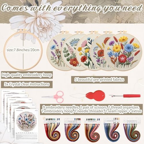Yinder 5 Set Needlepoint Kits for Beginners Hoops Patterns,Wildflowers