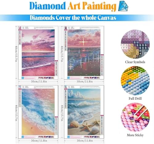 4 Pack Beach Sunset 5D diamond painting for adults Kits, Full Drill Coastal 5D diamond art kits for adults, Scenic Ocean gem art kits for adults, art painting Set Home Wall Decor 11.8x15.7 Inch