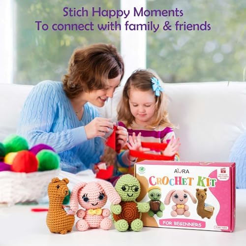 A-URA 3-in-1 Learn to Crochet Kit for Beginners Kids and Adults, Premium Pattern Sunflower, Panda Cactus, Hanging Pot Plant Beginner Crochet Kits with Easy Tube Yarn (3, Animal Pattern)