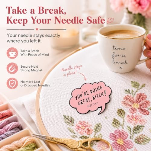 Needle Minder for Keeping Sewing & Embroidery Needles – Magnetic Needlepoint Holder, Cross Stitch Supplies – Secure & Decorative Needle Minders for Stitching & Crafting (You're Doing Great)