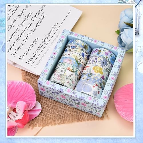 Washi Tape Set, Floral Washi Stickers, 12 Rolls Assorted Sizes, for Junk Journal Scrapbook Tape, Bullet Journaling Scrapbooking Supplies, Planner Sticker DIY Craft DéCor (Blue)