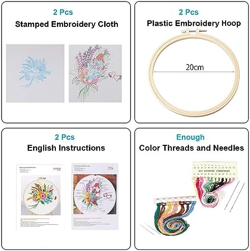 Konrisa Stamped Embroidery Kit with Pattern Floral DIY Sewing Cross Stitch Kits for Adult Flowers Plants Embroidery Starter Kit with Embroidery Floss,Hoops,Color Thread,Needle,Instruction,Set of 2