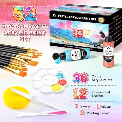 52 Pcs Acrylic Paint Set, 36 Colors 2oz/60ml Rich Pigments (Pastel)