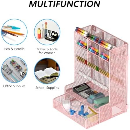 BOHDK Pen Organizer for Desk, Multi-Functional Desk Organizer, Wall Mount Pen Holder with Drawer for School, Office, Home, Art Supplies, Pink