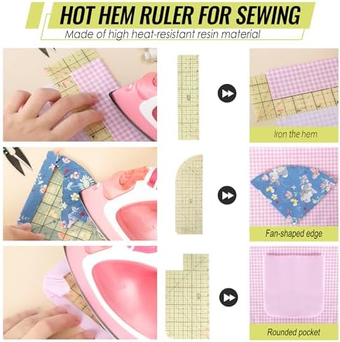 3 Pieces Hot Hem Ruler for Sewing Ruler Heat Resistant Ruler for Quilting and Sewing Tool Thin Pattern Making Clean Measuring Non-Slip Pressing Tool