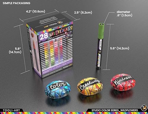 28 Wildflower Colors Acrylic Paint Pens Studio Color Series Markers Set 3mm Medium Tip, Rock Painting, Glass, Mugs, Wood, Metal, Canvas, DIY Projects, Detailing. Non Toxic, Waterbased, Quick Drying