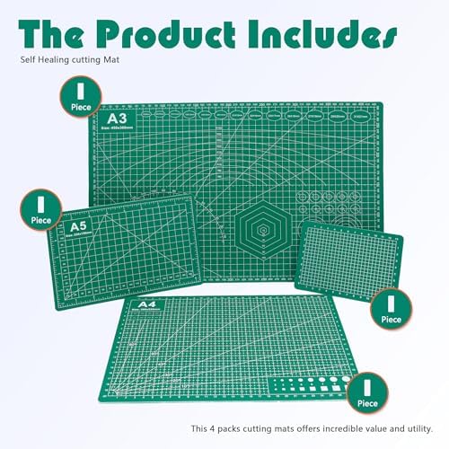 4 Packs Cutting Mats, 4size Double Sided Cutting Mat, Non-Slip 5 Layers PVC Cut Mat for Craft Art Projects Fabric Sewing, Scrapbooking Mat, A3 A4 A5 A6