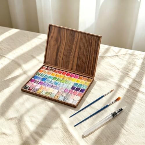 Forestry Shifting Watercolor Painting Set，Shifting Watercolor Painting Set，20 Colors Watercolor Painting Set，Metallic Watercolors，Glitter Watercolor Paint For Children Adults Art Painting (Wooden box 84 colors)