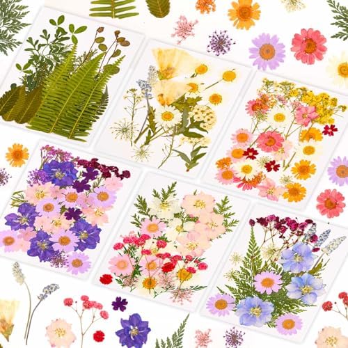 Evatage 124 Pcs Real Dried Pressed Flowers and Leaves for Resin Crafts