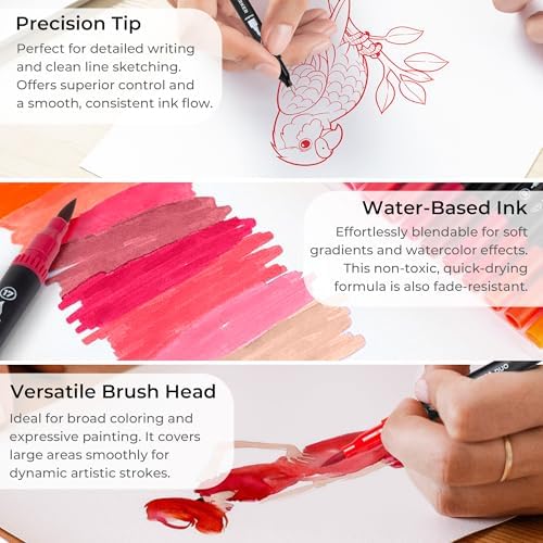 Red Duo Tip Marker Pens, 12 Fine & Brush Tip Pen For Adult Coloring Books