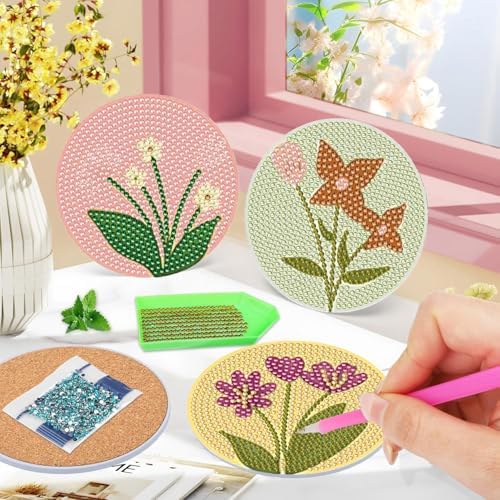 DOTSOPS 6 Pack Flower Diamond Art Coasters with Holder for Adults 4 in