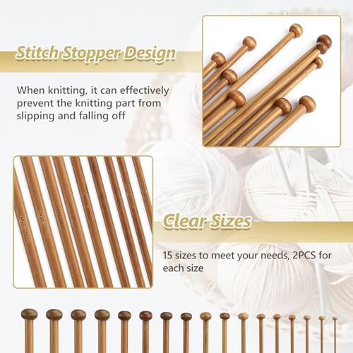 LIHAO 30 Pcs Bamboo Knitting Needles, Wooden Knitting Needles