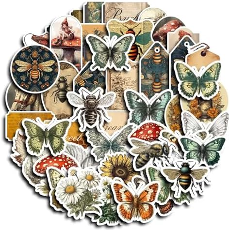 50Pcs Vintage Stickers,Waterproof Vinyl Aesthetic Decorative Sticker Scrapbooking Supplies for Adult Card Making Letters Planner Journaling Junk Journal DIY Water Bottles Cards Art Craft.Butterfly